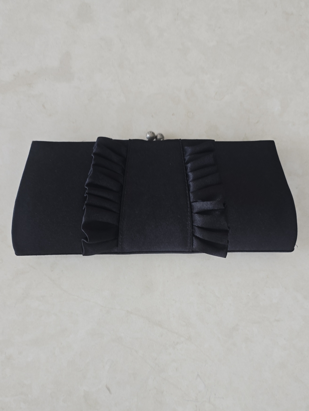 Elegant Black Ruffle Satin Clutch with Removable Chain Strap - Evening Bag